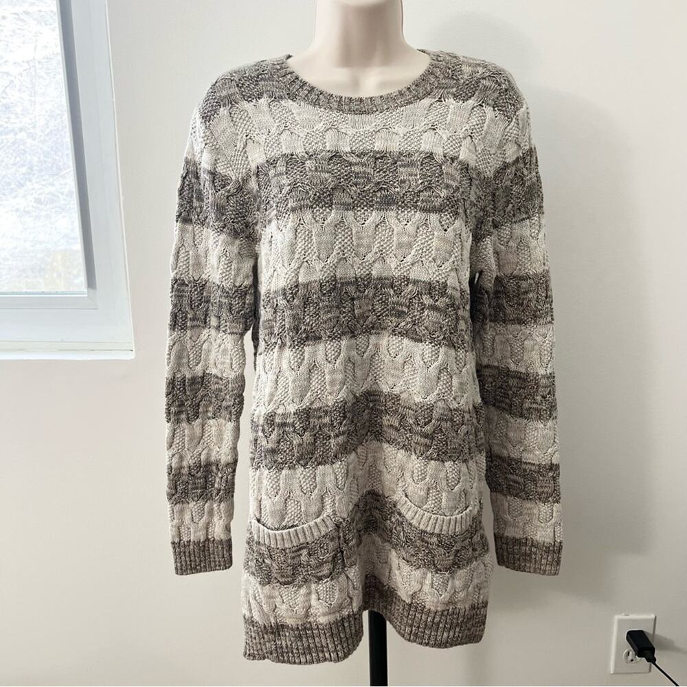 Jeanne Pierre Cable Knit Striped‎ Tunic Sweater Crewneck Size L 100% Cotton